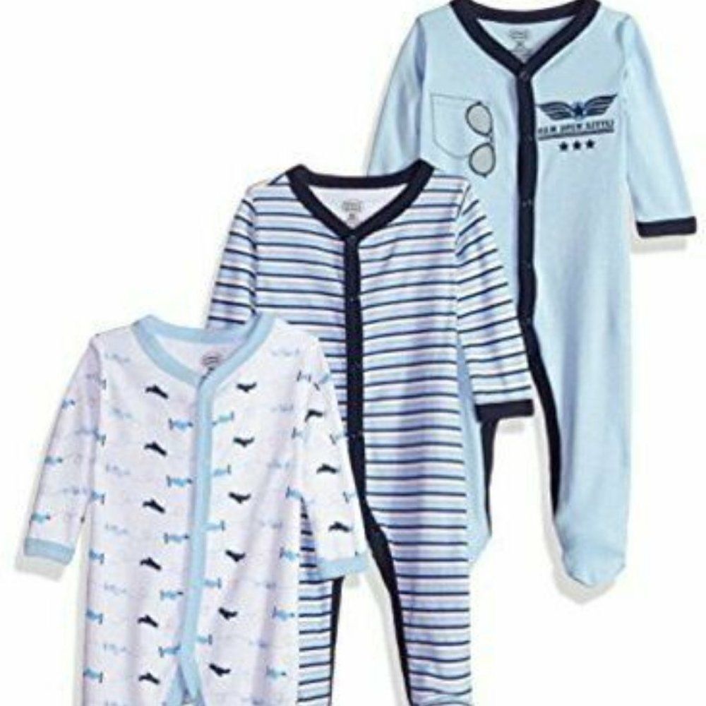 Luvable Friends Unisex Baby Blue Cotton Sleep & Play Bodysuit Size 3-6M Lot Of 3